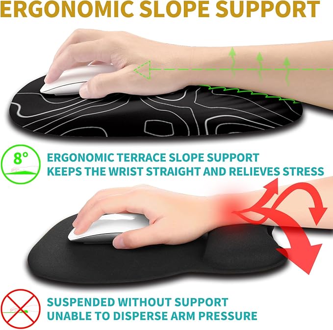 Hokafenle Ergonomic Mouse Pad Wrist Support with Stepped-wedge Design Wrist Rest Pain Relief Mousepad Filled with Memory Foam Carpal Tunnel Mousepad for Wireless Mouse(12x8 inch Topographical Line)