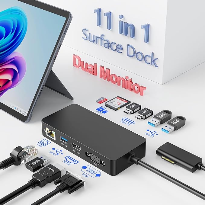 Surface Docking Station with Power Adapter 11-in-1 Surface Dock Dual Monitor 4K HDMI &amp VGA Ethernet USB Hub SD/TF Card Reader for Surface Pro/Laptop/Book (HDMI + VGA)