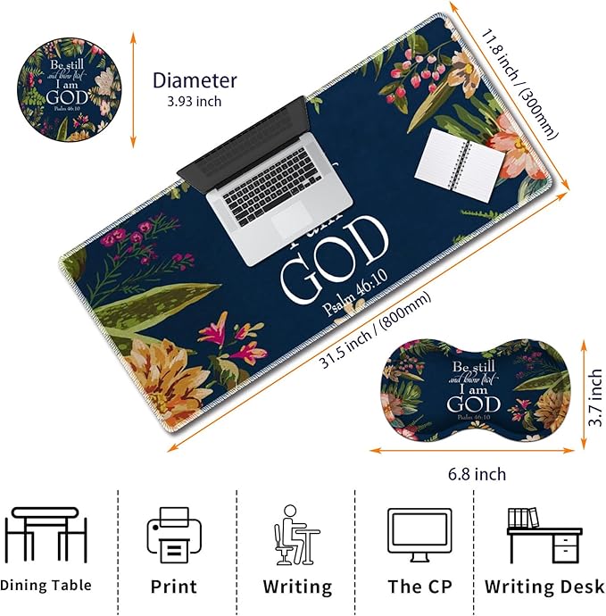 Durable Desk Mat + Wrist Rest Pad + Coasters Set Large Gaming Office Mouse Pad 31.5 x 11.8 Extended Non-Slip Rubber Keyboard Pad Laptop &amp Home Christian Psalm 46-10