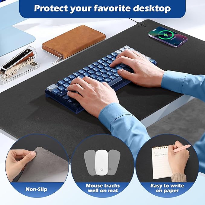 Wireless Charging Desk Mat with Desk Pad for Desktop Charging Large Mouse Pad Waterproof Leather Computer Mat Mouse Pad Non-Slip Protector on Top of Desks for Keyboard and Mouse (black-r 36*17inch)