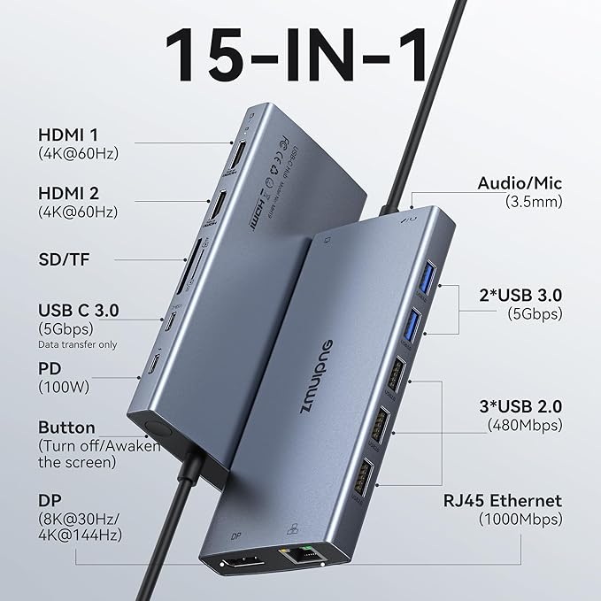 USB C Laptop Docking Station with 2 HDMI 4K@60Hz+DP 8K@30Hz for Dell HP 15 in 1 USB C Hub Triple Display Multiple Adapter Dongle with USB A Port+Button+PD+Ethernet+SD/TF+Audio for Thinkpad Surface