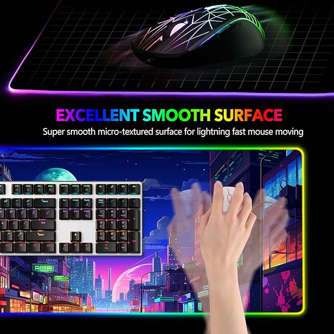 AIMSA RGB Gaming Mouse Pad Large Mousepad with 14 Led Light Modes Keyboard Pad Gaming Accessories for Desk Non-Slip Rubber Base Mouse Mat for Gamer Modern Urban Night Scene