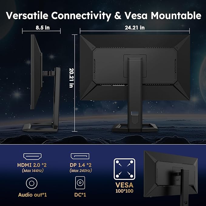 27 Inch 240Hz 1440p Gaming MonitorQHD 2560 x 1440p Fast IPS 1ms GTGAdaptive Sync135% sRGBHDR400Low Blue Light Swivel Tilt Height Pivot Adjustable VESA 100x100HDMI 2.0 DisplayPort 1.4 P2710S