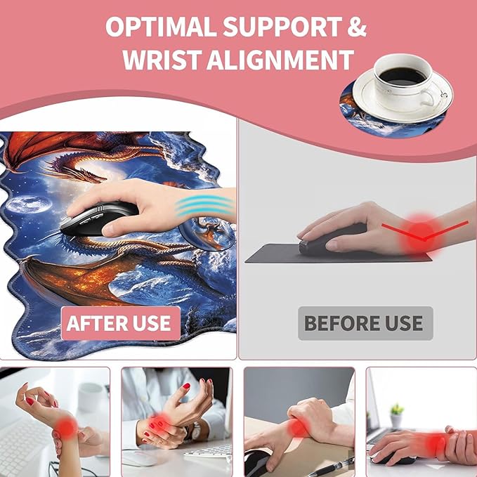 Large Gaming Mouse Pad Keyboard Wrist Rest Pad &amp Wrist Support Mousepad Set Stitched Edge Extended Non-Slip Base Memory Foam Desk Mat for Office HomeCool Dragon