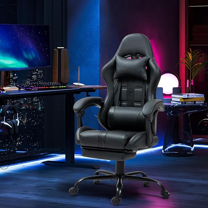 ECOTOUGE Massage Gaming Chair Video Game Chair with Footrest Ergonomic Computer Chair with Headrest and Massage Lumbar Support Height Adjustable High Back Office Desk Chair with 360° Swivel Black