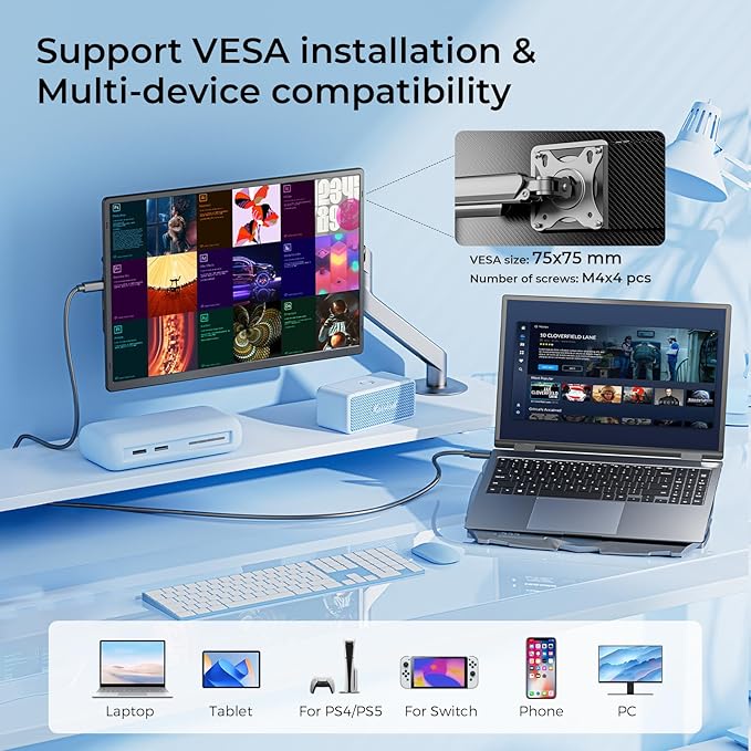 Laptop Screen Extender 16.1 1200P FHD Portable Monitor 360° Rotating Detachable Stand Height Adjustable Monitor Extender for Laptop 13-17.5 Plug-Play for Tablet PC Phone etc