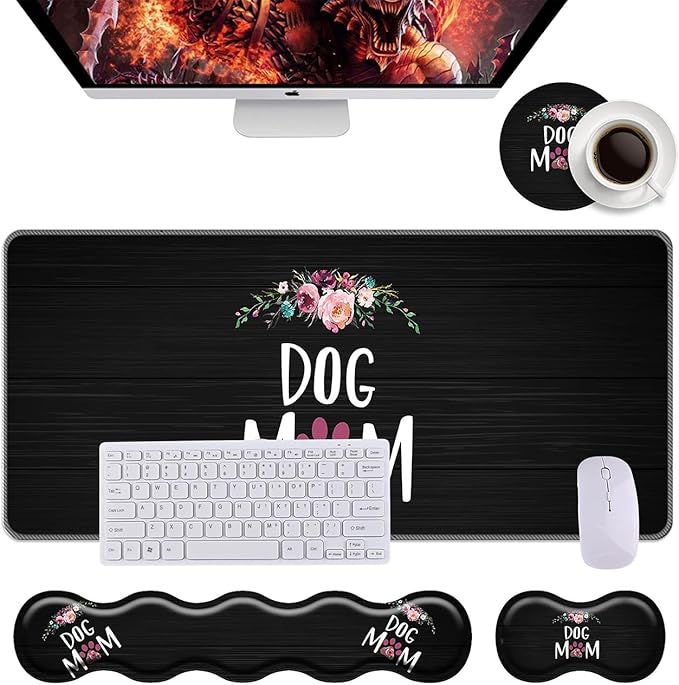 Keyboard Wrist Rest+Mouse Wrist Pad+Desk Pad SetMemory Foam Ergonomic Easy Typing Pain Relief for Computer Laptop Office Home - Dog Mom Floral