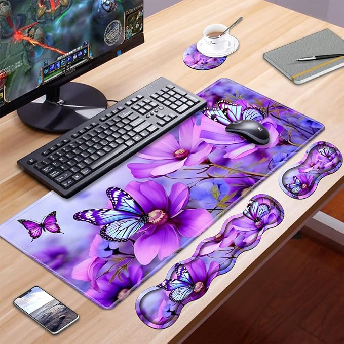 Ergonomic Keyboard Wrist Rest &amp Mouse Pad Wrist Rest Set Large XXL Gaming Desk Mat 31.5x 11.8 Non-Slip Base Memory Foam Easy Typing Pain Relief for Office &amp Home Purple Flowers and Butt