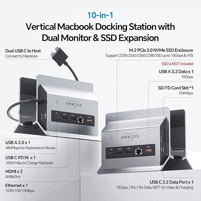 MacBook Docking Station Dual Monitor Vertical Mac Laptop Docking Station Dock Stand with 2 HDMI 4K@60Hz USB A/C 10Gbps PD Ethernet USB 2.0 SD/TF Compatible with MacBook Pro Air M3 M4 M5