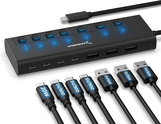 SABRENT 7-Port USB-C Hub with Power Switches 5Gbps USB 3.2 48W Powered Hub with 3 USB-A + 4 USB-C Ports 20W PD LED Status Aluminum Body – for Mac PC Steam Deck ROG Ally (HB-3A4C)