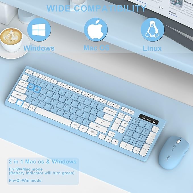 Wireless Keyboard and Mouse Combo Full-Sized Wireless Keyboard and Adjustable DPI Mouse 2.4GHz USB Receiver Keyboard and Mouse for PC Windows Desktop Laptop (Sky Blue-A)