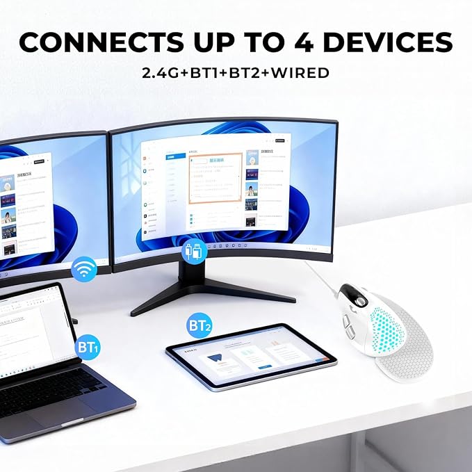 DELUX Seeker Ergonomic Mouse Wireless Vertical Mouse with OLED Screen 6 Buttons&ampThumb Wheel Function Silent Click Up to 7200DPI Programmable Rechargeable BT/2.4G/Wired RGB Light(M618XSD-Wh
