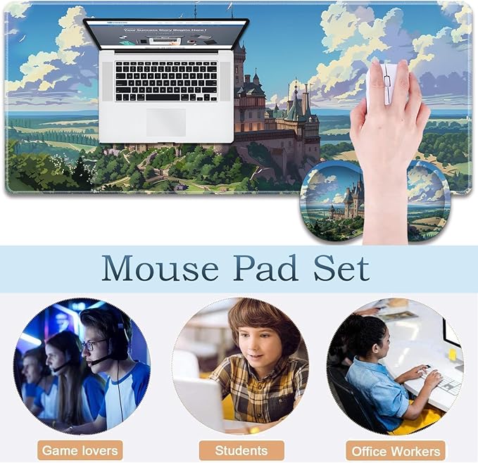 Large Gaming Mouse Pad + Wrist Rest + Lace Coaster Non-Slip Set with Sewn Edges and Waterproof Expandable Desktop Pad Suitable for Office/Home Castle in Forest