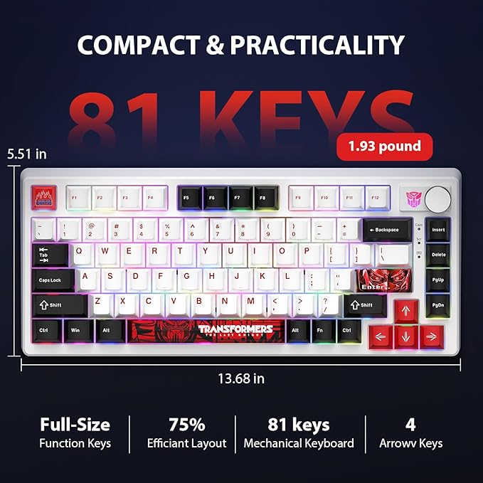 Transformers GK03 Mechanical Keyboard WirelessRGB Creamy Gaming Keyboard Wireless BT5.0/USB-C/2.4GHzCustom Hi-Fi Linear SwitchHot-Swap Socket/Knob Control Computer Keyboards (Optimus Prime White)