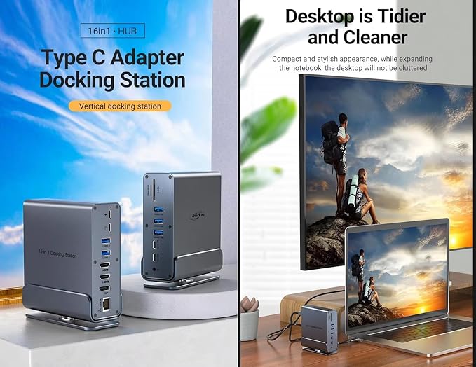 Vertical Laptop Docking Station 3 Monitors 15-in-1 USB C Dock Station Hub Triple Display with 2X 4K HDMI &amp 1x DP 10Gbps USB-C and USB-A 3.2 Data 100W PD Charging+Ethernet+SD/TF+Audio