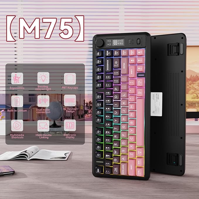 ZIYOU LANG M75 Wireless Gaming Keyboard RGB Backlit Rechargeable 2000mAh Battery Small Membrane But Mechanical Feel Keyboard with Smart Display &amp Knob PBT Gradient keycaps for PC MAC-BlackBerr