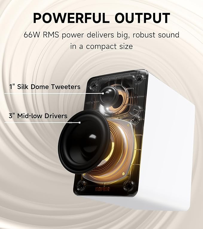 Edifier M60 Multimedia Speaker Bluetooth 5.3 66W RMS Hi-Res Audio &amp Hi-Res Wireless Audio LDAC3 Mid Bass &amp 1 Tweeter USB-C &amp Aux Inputs Compact Desktop Speaker - White (Renewed)