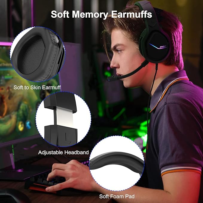 SOULION S10 Gaming Headset with Microphone RGB Lights PC Headphones with Noise Canceling Mic for PS4 PC Xbox One Soft Memory Earmuffs Headsets for PS5 Laptop Mac Mobile