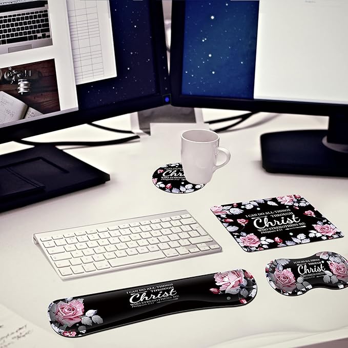 Mouse Pad with Wrist Rest+Keyboard Wrist Rest+Coaster All in One Mouse Pad Set of 4 for Easy Typing Pain Relief RYUITHDJP Memory Foam Wrist Support for Office Home Inspirational Quote Christian