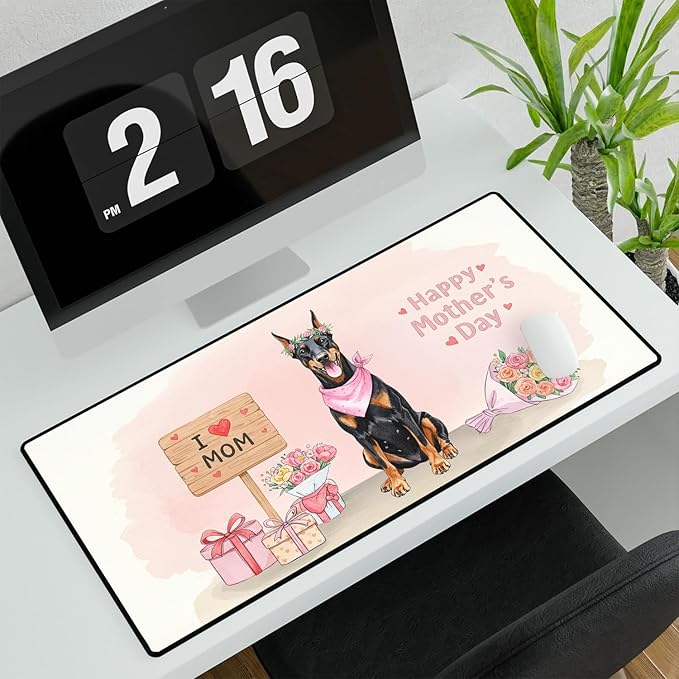 Happy Mother's Day Doberman Pinscher Love Dog Mom Heart Flower Desk Mat Full Keyboard Mouse Pad Doberman Dog Lover Gifts Large Mousepad 12004