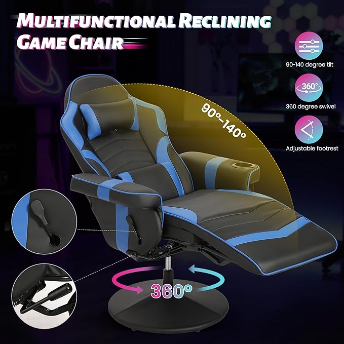 Game Reclining Chair with Adjustable Height PU Gaming Chair with Massage Long Footrest and Lumbar Support High Back Swivel Computer Game Chair for Adult(Blue)