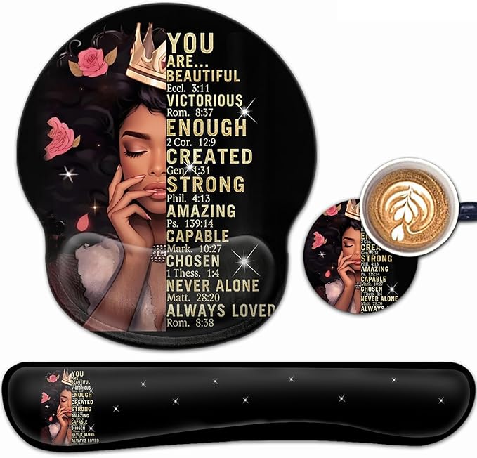 Ergonomic Gaming Mouse Pad Wrist Support and Memory Foam Keyboard Wrist Rest with Anti-Slip Base for Home Office Computer Desk Pad Gel Black Mouse Pad Easy Typing African American Women Black Girl