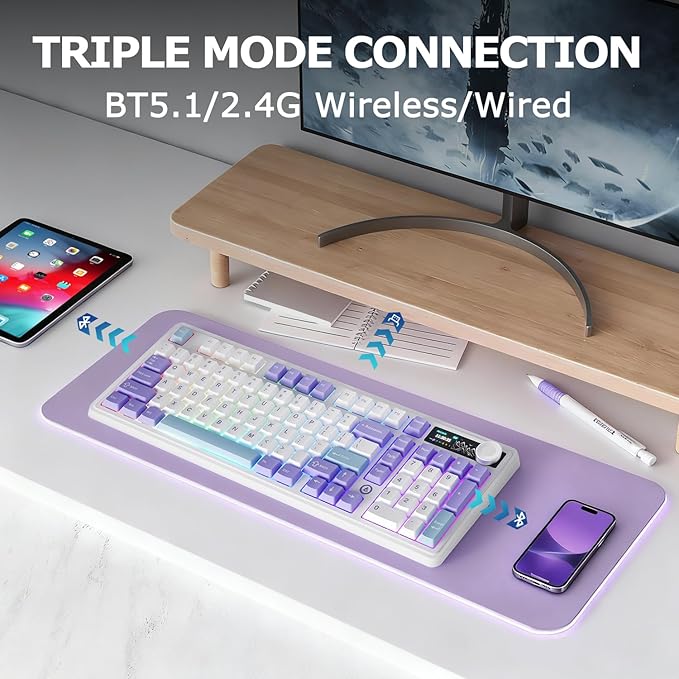 AK980 97Keys Tri-Mode Full Mechanical Keyboard Gasket-Mounted Hot-Swappable 1.14” TFT Smart Display Bluetooth 5.1/2.4G Wireless/Wired PBT Keycaps RGB Backlit (Purple Qingyun Tactile Switch)
