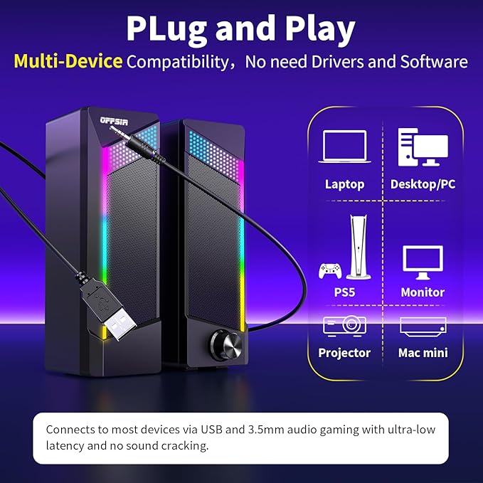 Computer Speakers 2 in 1 PC Speaker  Gaming Speakers for PC Computer Laptop Desktop Monitor RGB Speakers with Touch Sensitive Lighting USB Powered 3.5mm Aux（Package Only Two Speaker No Soundbar）