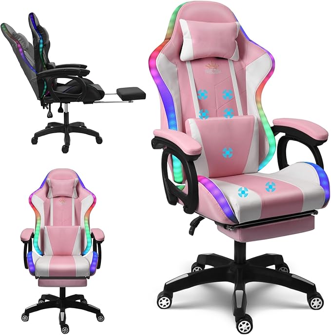 RGB Gaming Chair with Massage and Footrest Large Ergonomic Computer Desk Chair Video Gaming Chair with Speakers and Lumbar Support Height &amp Angles Adjustable Reclining Gamer ChairPink