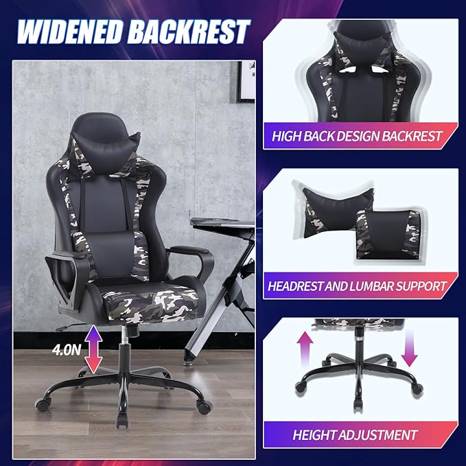 Gaming Chair High-Back Office Chair Ergonomic Video Game Chairs Height Adjustable Reclining Computer Chair with Lumbar Support Armrest Headrest Swivel Chair Game Chair for Adult Teen - Camo