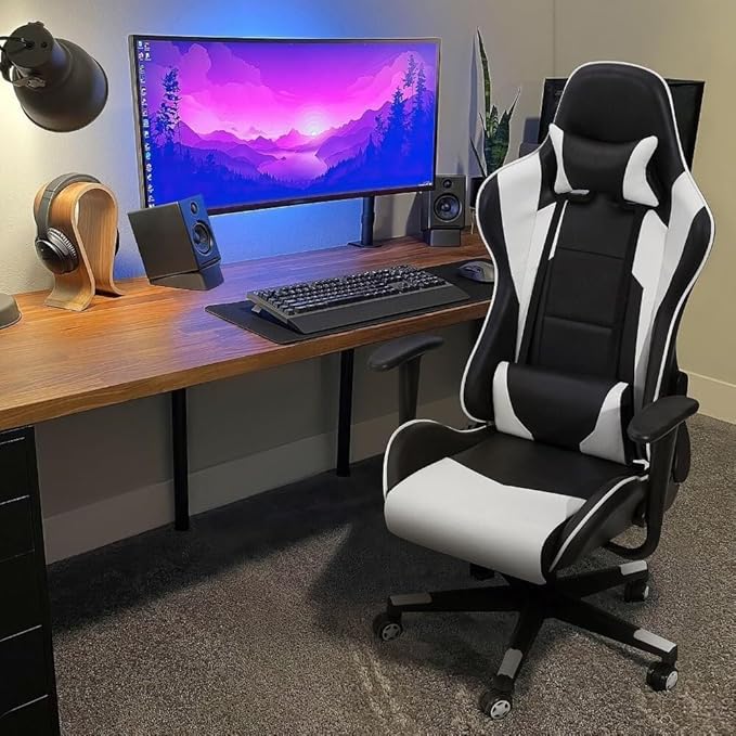 Ergonomic High Back Office Chair with Reclining Swivel Leather Gaming Chair with Headrest and Footrest Adjustable Height White Office Chair