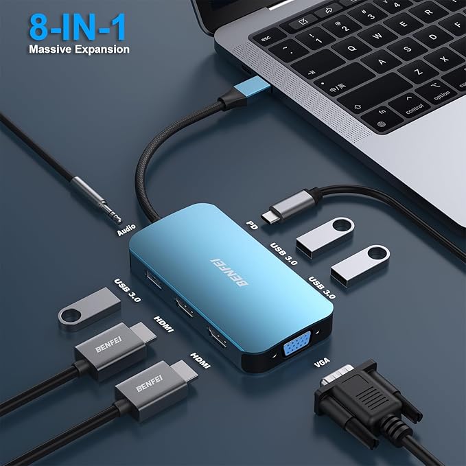 BENFEI USB C Docking Station 8-in-1 USB C Hub with Triple Display Dual HDMI VGA 3*USB 3.0 100W Power Delivery 3.5mm AUX Audio Compatible with MacBook Pro XPS and More