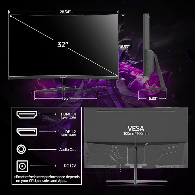 Gawfolk 32 Inch Curved Gaming Monitor 180Hz QHD (2560x1440) 2K Computer Monitor with FreeSync DisplayPort HDMI Wall Mountable Eye Care for Home Office &amp Gaming