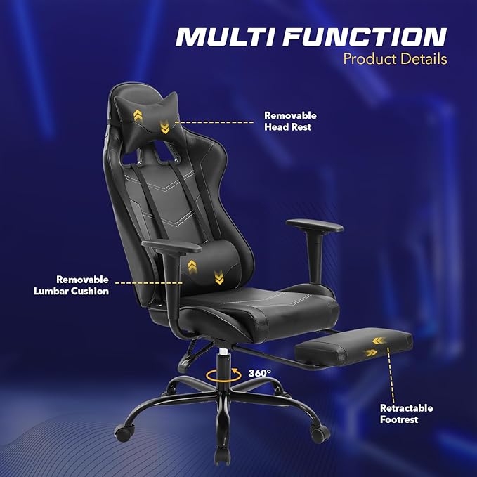 Gaming Chair with FootrestErgonomic Office ChairAdjustable Swivel Desk ChairReclining Computer Chair with Lumbar Support and HeadrestRacing Style Video Gamer ChairBlack