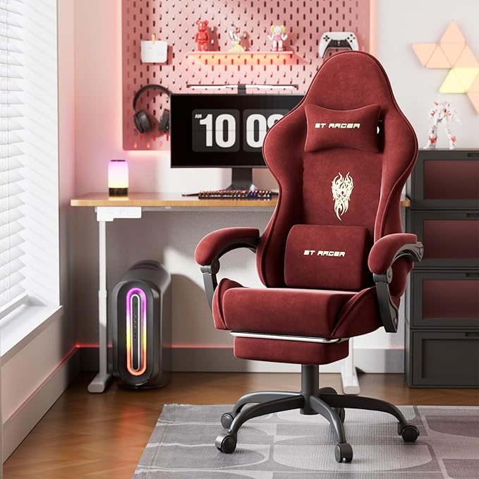 Ferghana Velvet Fabric Gaming Chair High Back Ergonomic Gamer Chair for Adult Comfortable Video Game Chair with Footrest and Massage Lumbar Cushion Racing Reclining Office Computer Desk Chair Red