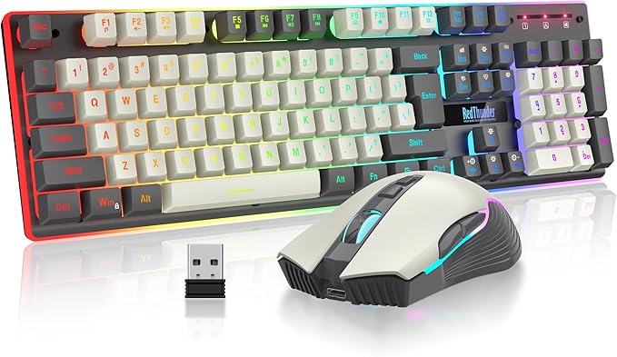 RedThunder K10 Pro Wireless Gaming Keyboard and Mouse Combo RGB Backlit Rechargeable 3800mAh Battery Mechanical Feel Anti-ghosting Keyboard + 7D 3200DPI Mice for PC Gamer(White Gray)
