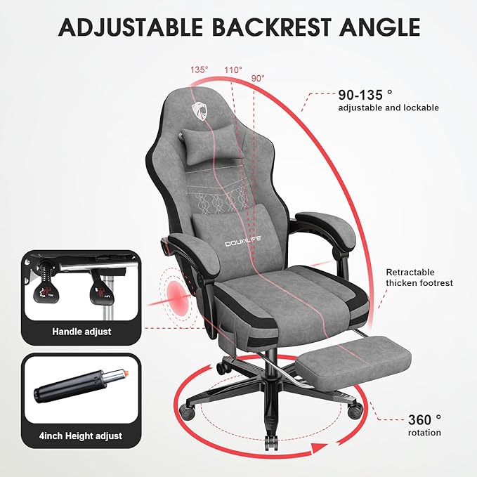 Gaming Chair Fabric Computer Office Chair with Massage Ergonomic Chair with Footrest Lumbar Support Pocket Spring Widened Cushion Metal Legs 350LBS Light Gray