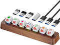 Walnut Wood 7-Port Powered USB 3.0 Hub 5Gbps Data Transfer Independent Hot-Swappable 3-Pin Mechanical Keyboard Switch Expander RGB Backlit Docking Station-FU07