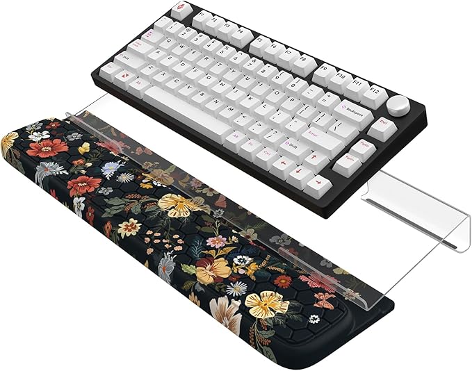 Keyboard Stand for Desktop Floral Wrist Support for Keyboard Anti-Fatigue Memory Foam Wrist Rest 3-Angle Adjustable Acrylic Riser for Office Home (Black Floral)