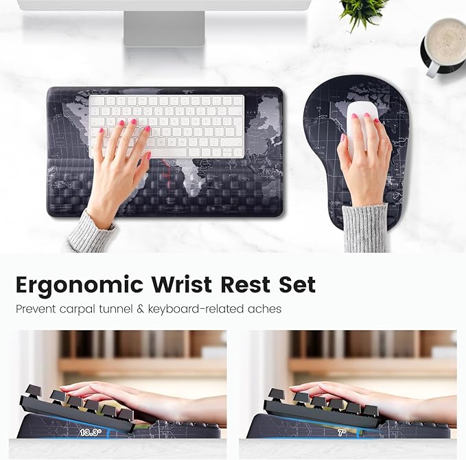 Ospelelf Ergonomic Mouse Pad and Keyboard Stand Wrist Rest Set Memory Foam Comfort Pain Relief for Typing Office Desk Accessories Map