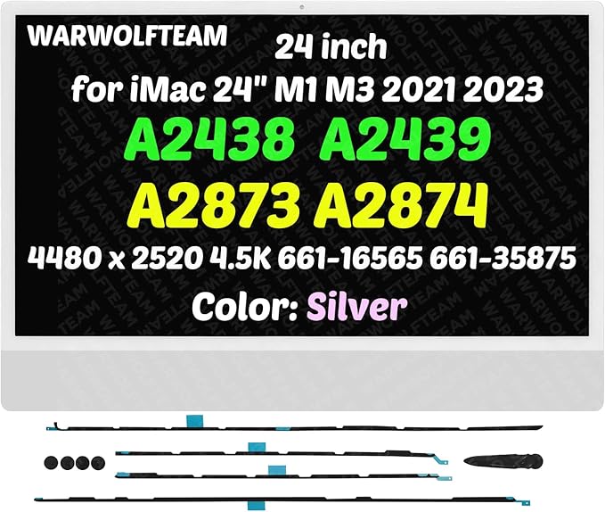 24in 4480 x 2520 4.5K Compatible with iMac211 A2438(4-Ports) M1 2021 All in One Retina EMC 3663 LCD Display Screen Assembly LG204A-214(661-16565 661-35875 Silver)
