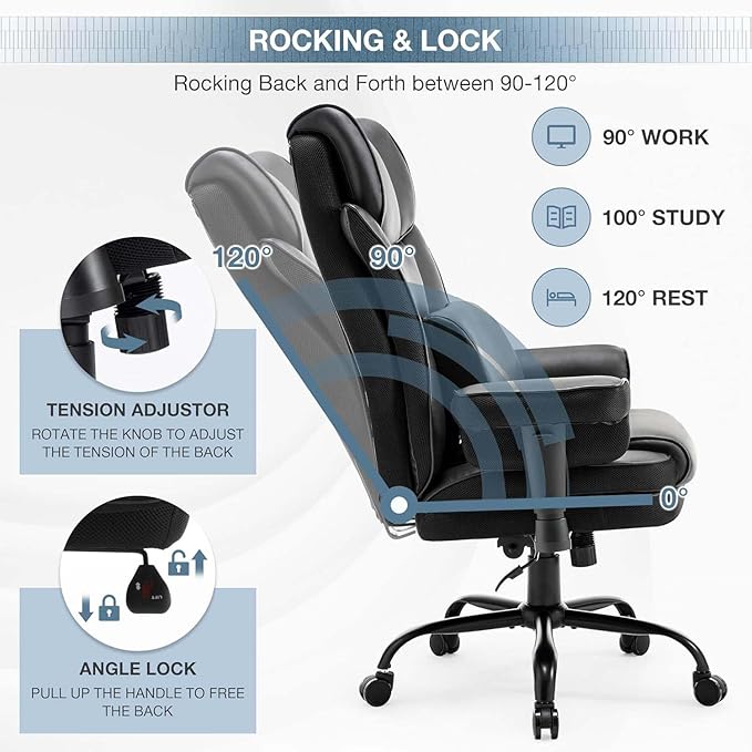 High Back Office Chair Ergonomic Executive Massage Chairs with Adjustable Armrest and Lumbar Support Comfy Adjustable Height Rocking Computer Gaming Chair with Swivel Wheels (Black)
