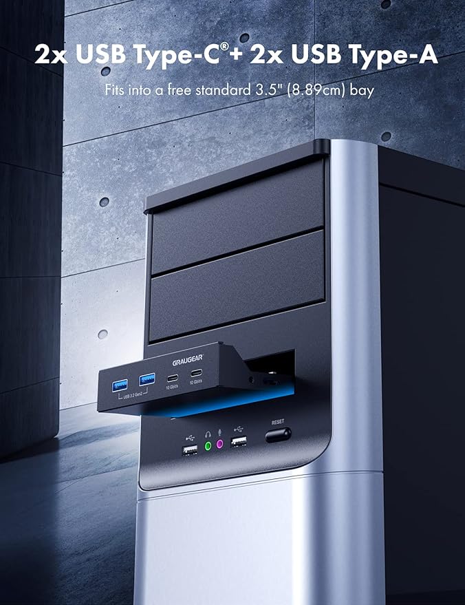 GRAUGEAR 3.5 Inch Front Panel Hub 4 Ports Internal Metal USB Hub 2X USB-C 10Gbps and 2X USB 3.2 Gen 2 Ports USB3.2 Type-E Key-A 20-Pin Header &amp 15-Pin SATA Power Connector Required [G-MP02]