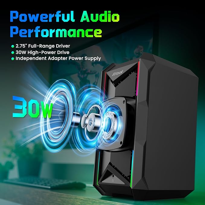 Computer Speakers for Music and Gaming DC Adapter Powered Speakers for Desktop PC or Laptop Bluetooth 5.3 Desktop Speaker 10 RGB Modes 3.5mm Aux in Headphone Port Type-c Port 30W 3 EQ