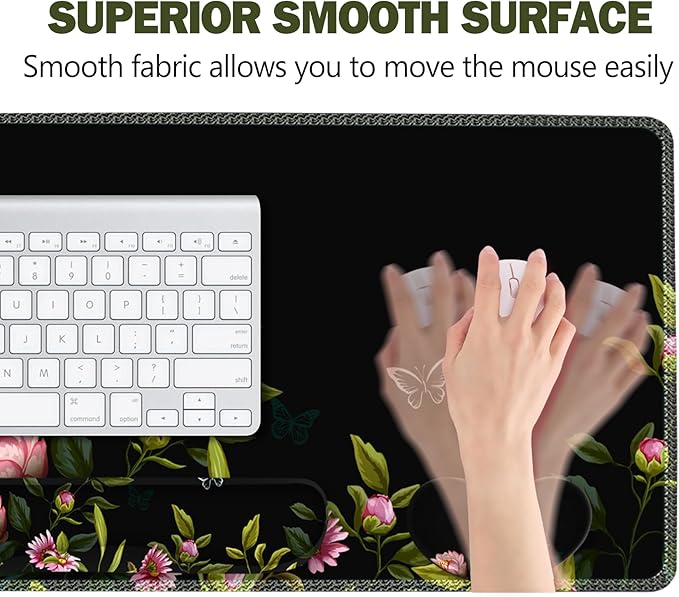 ARTSO Gaming Mouse Pad Wrist Support Set XXL Large Desk Mat Mousepad + Keyboard Wrist Support+ Mouse Wrist Rest+Coaster 4in1 Ergonomic Stitched Edge for Home Office -Flowers and Butterflies