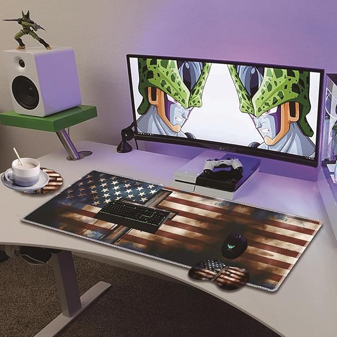 Extended Non-Slip Mouse Pad + Mouse Wrist Rest + Lace-Shaped Coaster Set Ergonomic Design Suitable for Desk and Home Gaming Table Mat American Flag Cross
