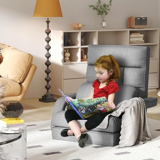 Floor Gaming Chair 6 Position Adjustable Indoor Chaise Lounge for Teens Adults Padded Folding Sofa with Armrests and Pillow Comfy Chair for Meditation Reading Light Grey