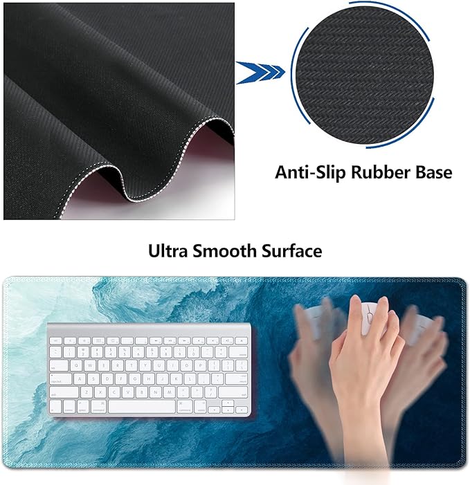 AIMSA Large Gaming Mouse Pad Set Keyboard Wrist Rest Support + Extended Mouse Pad + Mouse Wrist Cushion + Coaster Ergonomic Memory Foam Multifunctional Desk Mat 35x15.7inch (Dark Blue Waves)