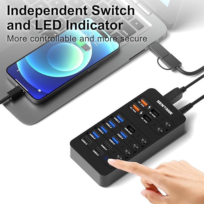 Powered USB Hub SENTANK 14 Port USB 3.0 Hub Splitter (6 USB 3.0 Data Ports + 4 Fast Charging Ports) with Independent LED On/Off Switch with 60W Power Adapter for Mac PC