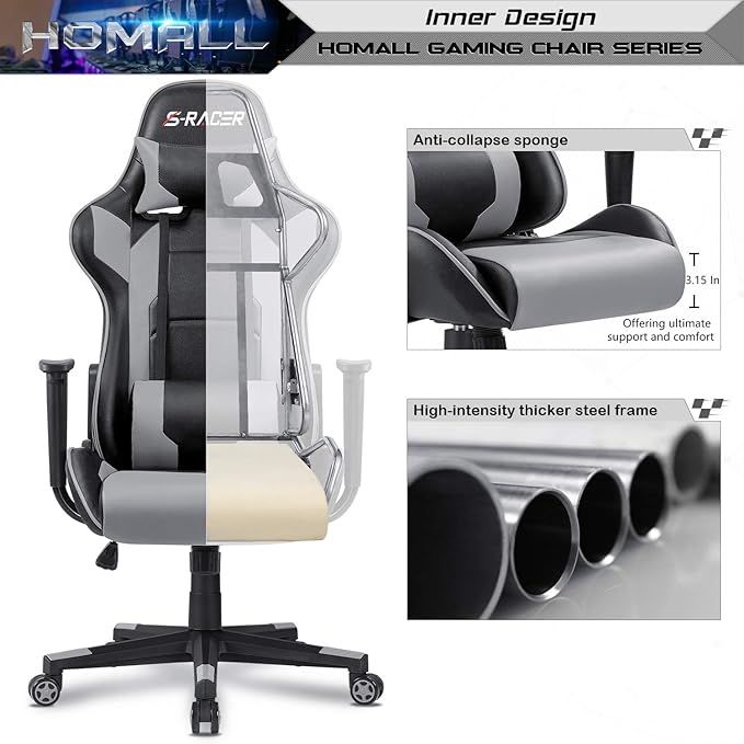 Homall Gaming Chair Office Chair High Back Computer Chair Leather Desk Chair Racing Executive Ergonomic Adjustable Swivel Task Chair with Headrest and Lumbar Support (Grey)